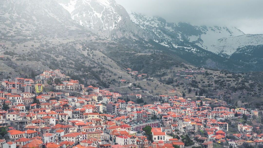 Arachova on the slope of Parnassus, with snow on the peaks above