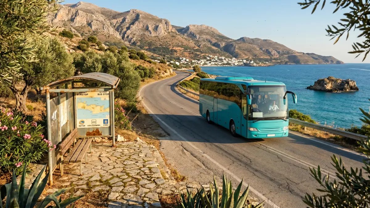 An intercity coach on a coastal road, with a bus stop shelter in the foreground