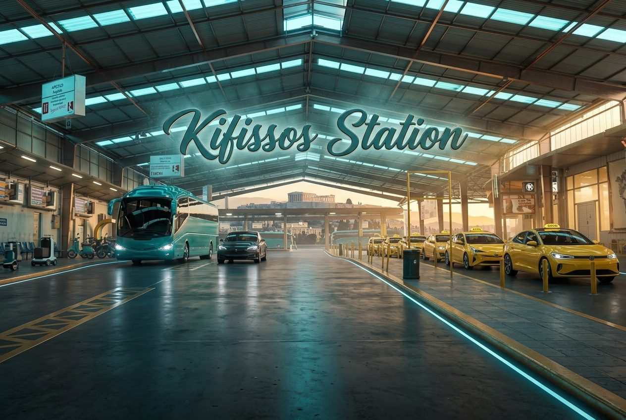 Illustration of a large covered intercity bus terminal with coaches and taxis