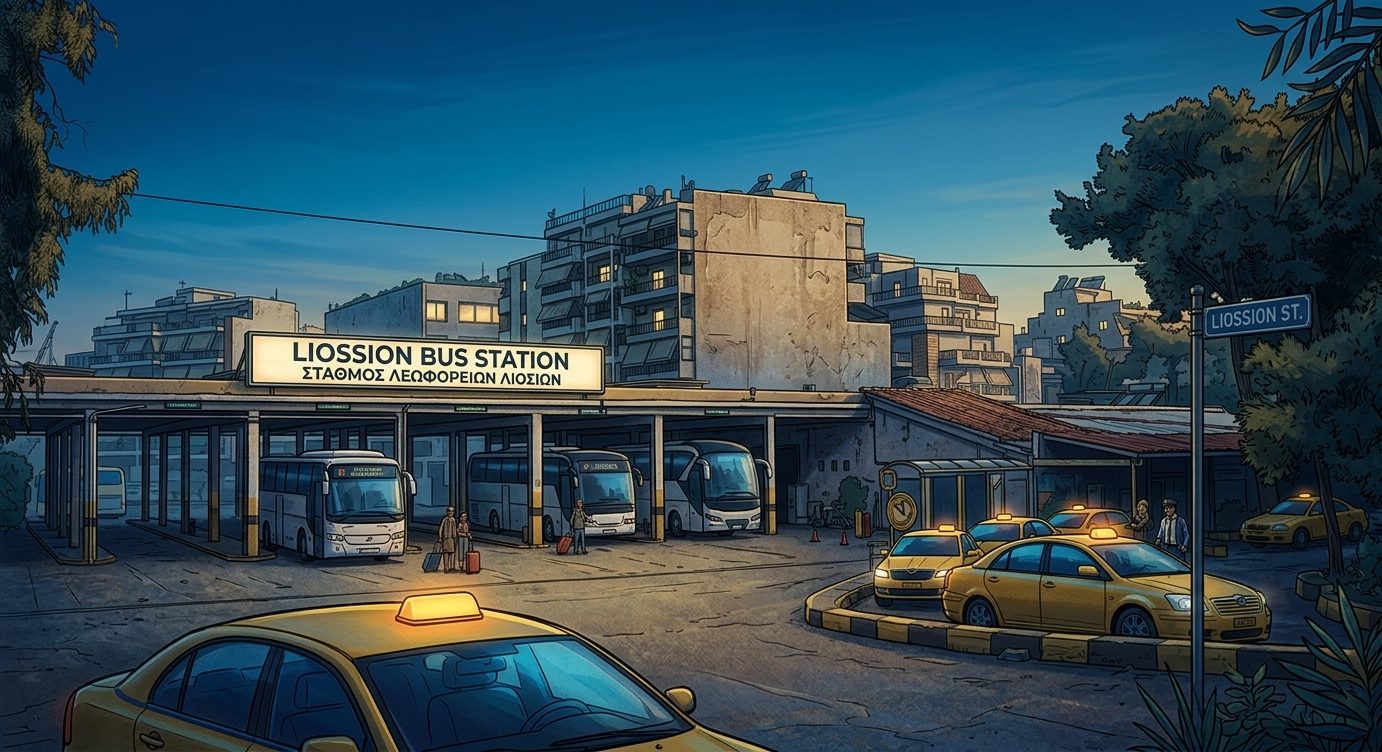 Illustration of a smaller street-side bus station at dusk with taxis waiting